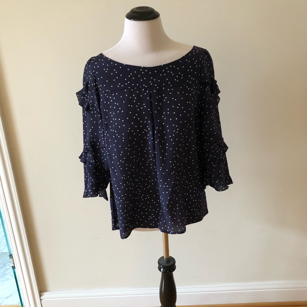 Anthropologie Blue Ruffled Polka Dot Top